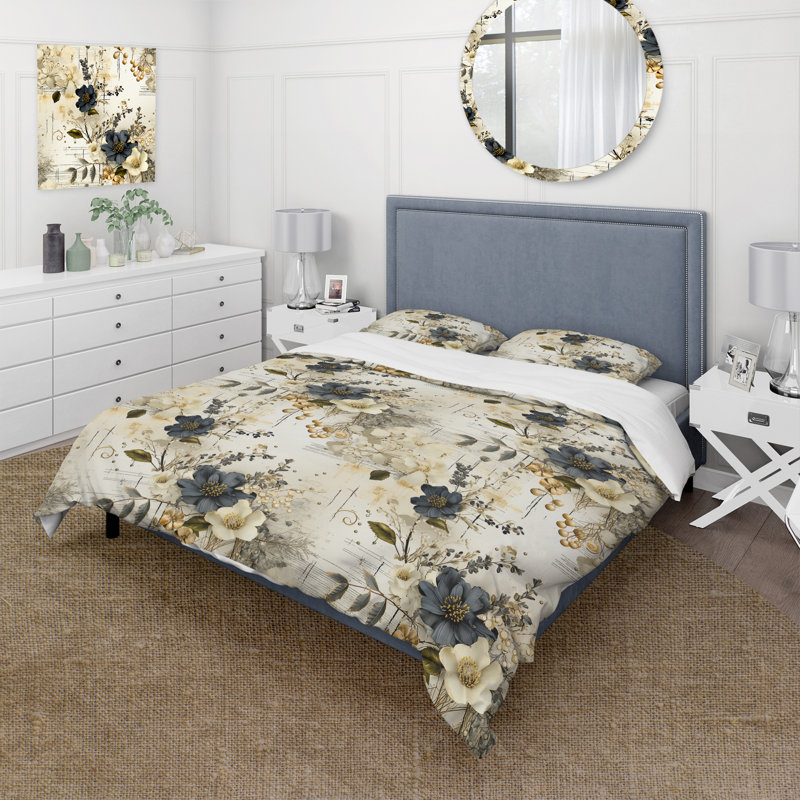 Literie à fleurs géométriques grises et beiges, Housse de couette pour grand lit et 2 taies décor