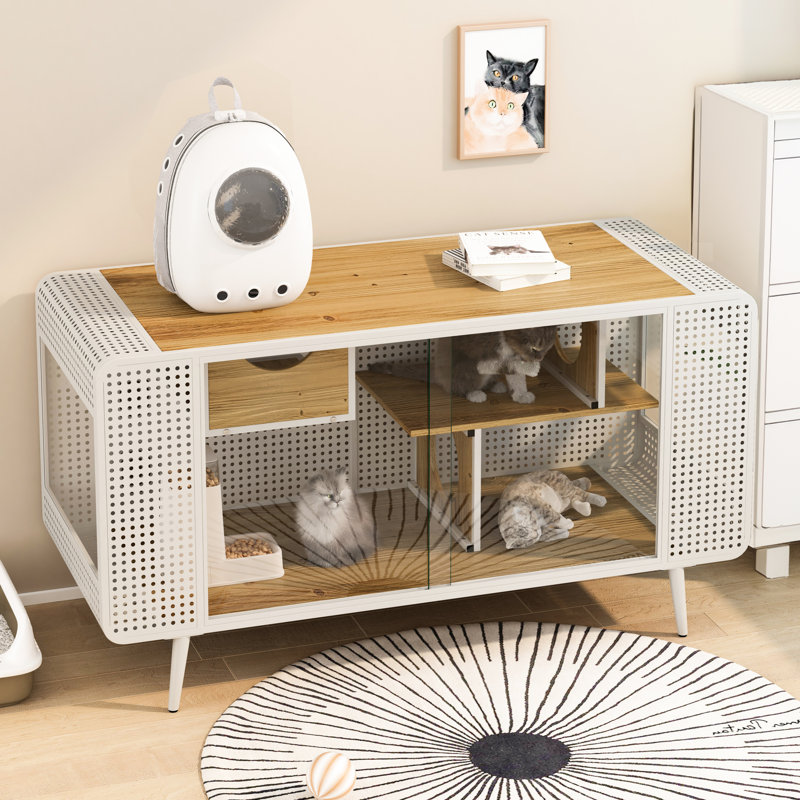 Maison pour chat en verre trempé, blanc - Construit avec du bois de sapin robuste et une structure en fer pour les espaces de vie