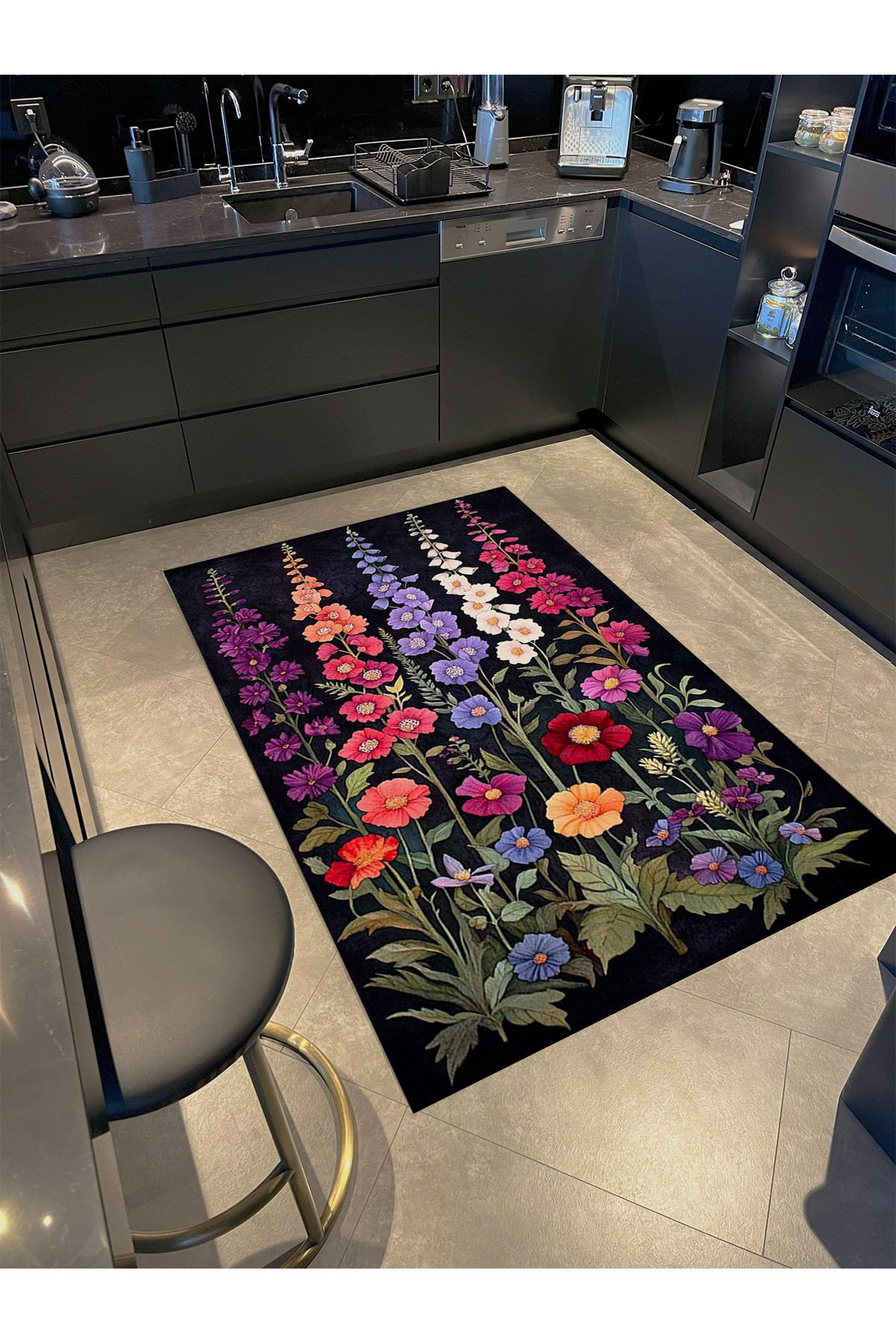 Hokku Designs Black Themed Colourful Flower Patterned Woven Base Modern ...