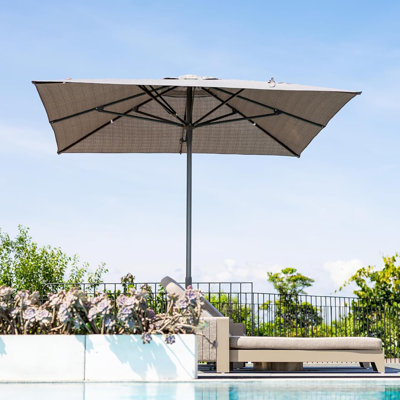 Parasol de terrasse semi-automatique carré de 10 pi avec parasol pour table de marché avec 8 baleines robustes AlumInum, beige
