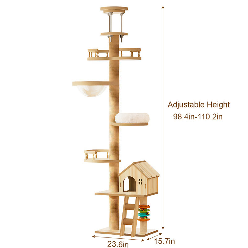 Arbre à chat moderne 98 po - 110 po réglable avec poteau à griffer pour plus de confort