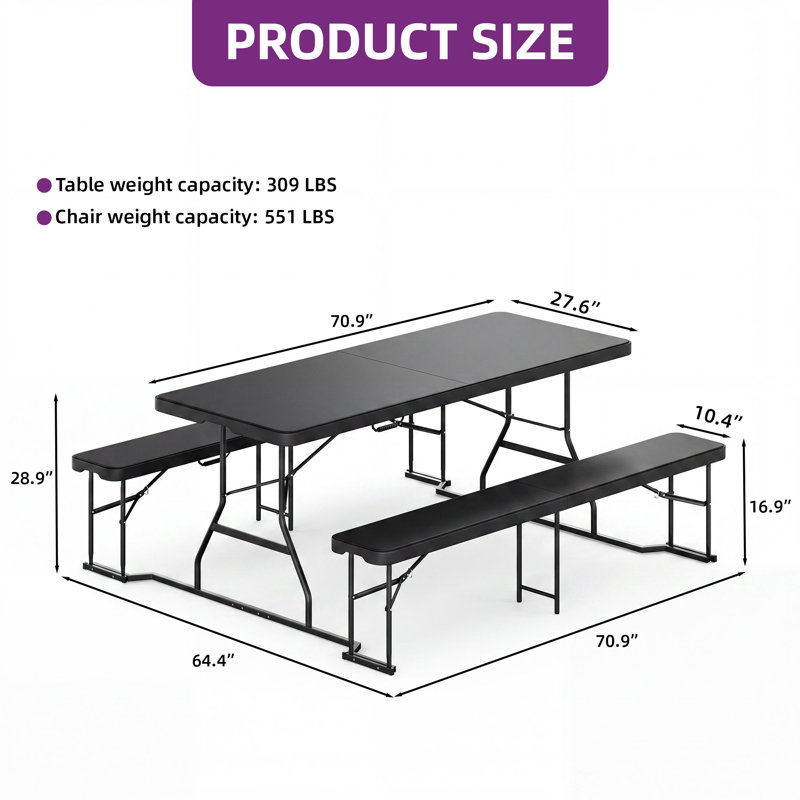 Ensemble de table de pique-nique 6/8 personnes, Noir, H 29 po x L 71 po x l 29 po
