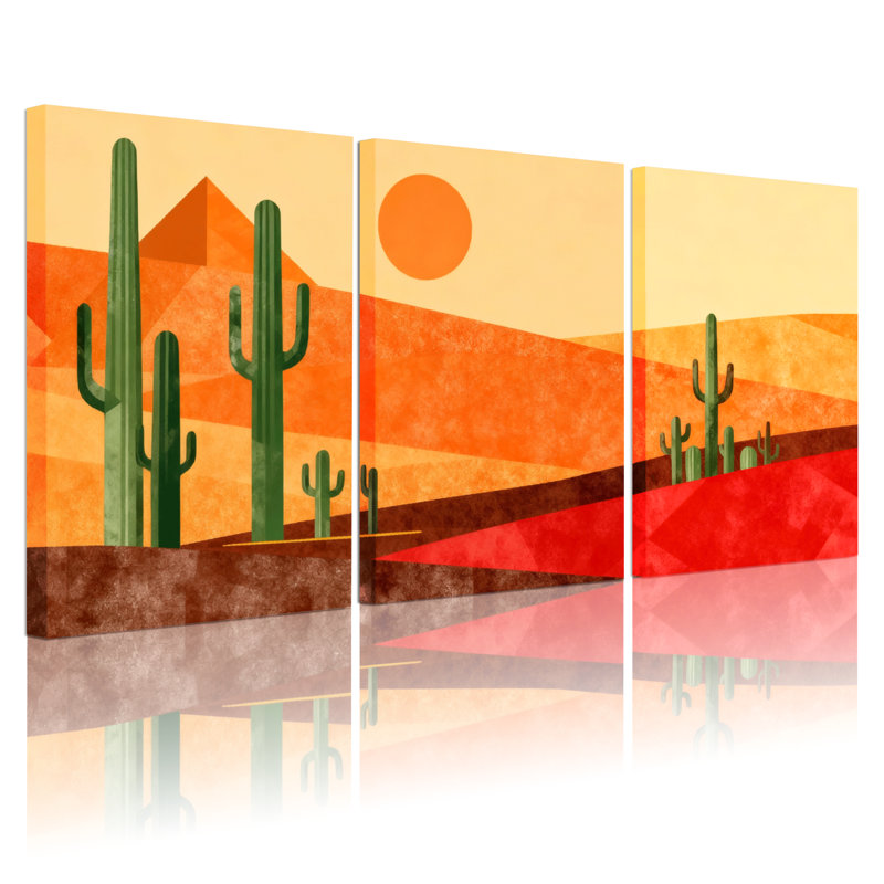 Cactus, paysage désertique, cactus, coucher de soleil, ensemble de 3 reproductions d'art sur toile, H 24 po x l 48 po