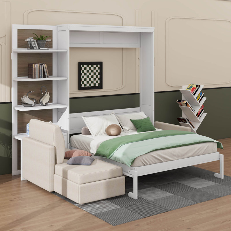 Queen Size Murphy Bed With Sofa And Shelves, White