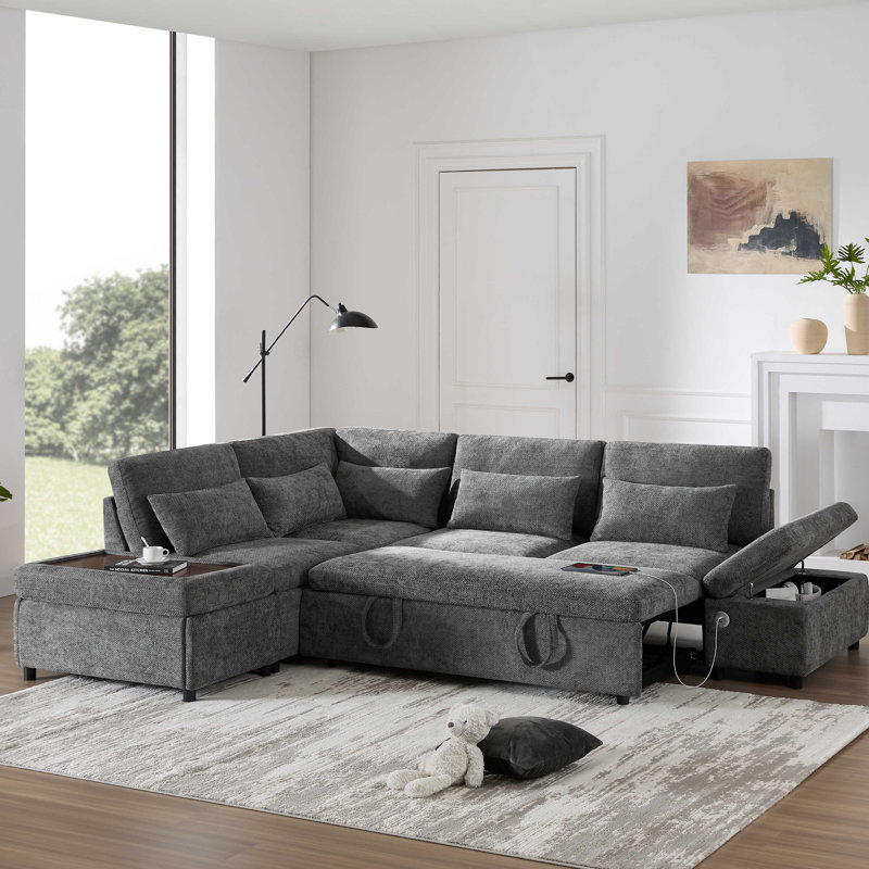 Canapé-lit modulaire de 107 po avec canapé-lit en forme de L, accoudoirs réglables en L, charge USB et de type C, repose-pieds avec rangement à mouvement libre, combinaison libre