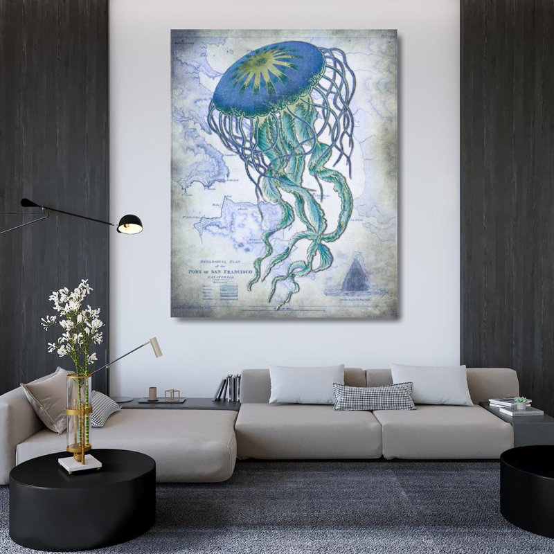 «Breakwater Bay Fab Funky Gallery», art sur toile tendue: Jellyfish On image of Nautical Map, H 45 po x l 36 po