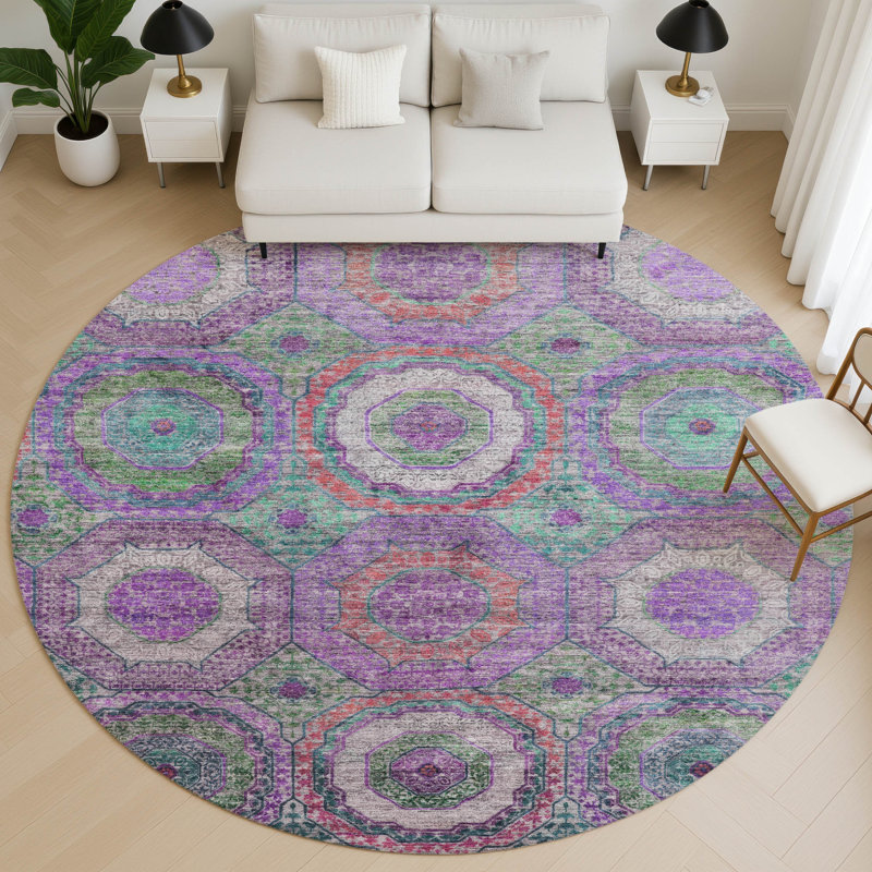 Premium Machine Washable Mayfield AMF2049 Panel Rug, 8' Round, Purple
