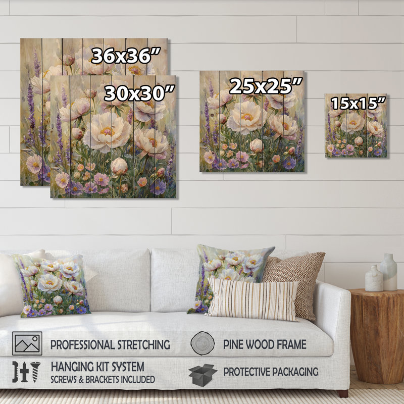 Peonies In The Wildflower Field II - Peonies Wood Wall Art - On Natural Pine Wood, 15" H x 15" W x 0.78" D