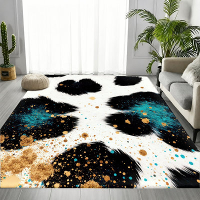 Tapis abstrait noir et blanc, sarcelle et or, motif animal texturé éclaboussures, tapis antidérapant doux et durable lavable à la machine, décoration intérieure élégante pour le salon, la chambre à coucher, le coin-détente, le bureau, l’appartement