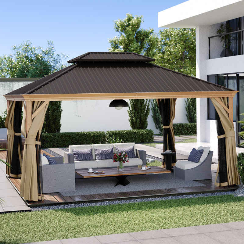 Aluminum Patio Gazebo, 12' W x 16' D, Wood Grain, Gray/Brown