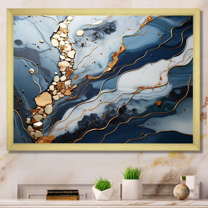 Blue and Gold Marble river II - Abstrait marbré, impressions sur toile, Cadre d'angle fermé doré, H 16 po x l 32 po x P 1 po