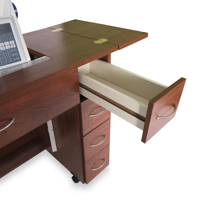 Teak Foldable Sewing Cabinet with Hydraulic Lift and Wheels