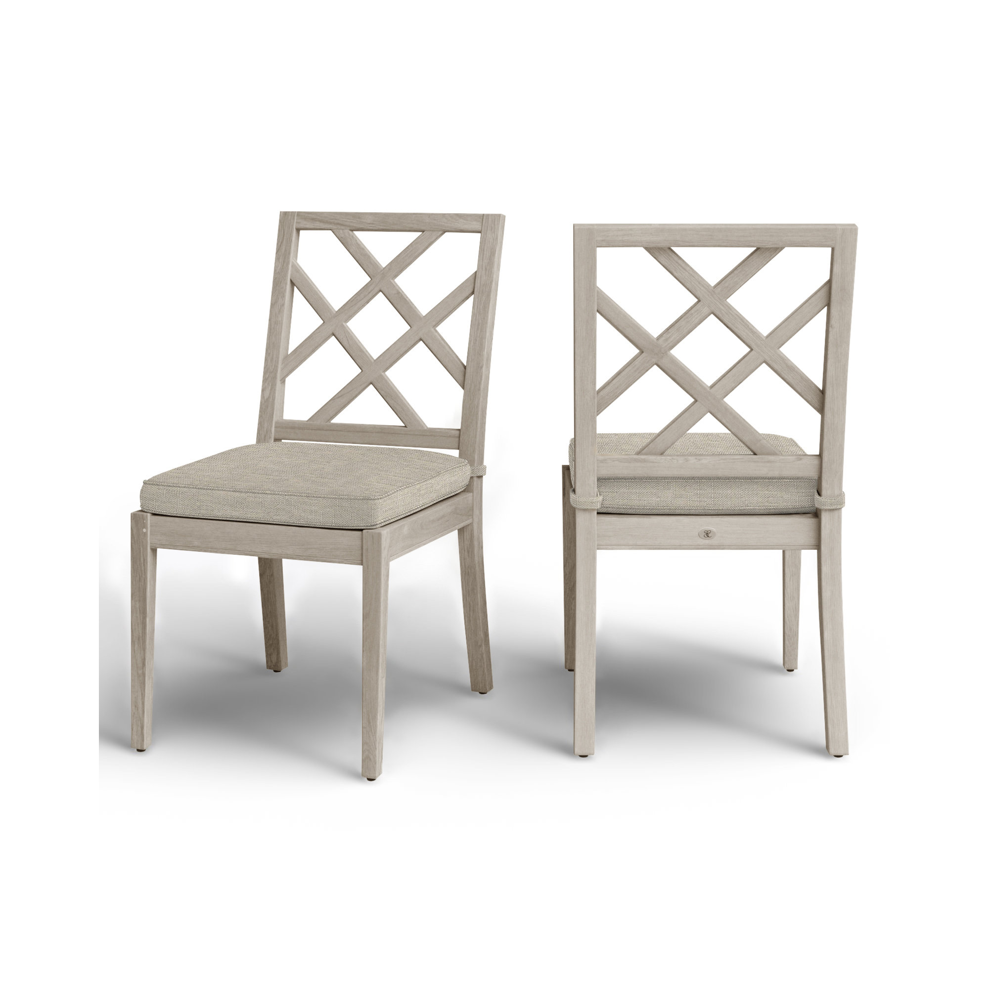 Haley Teak Outdoor Side Chair Latticework Back, Oyster Teak, Welt, Intermix Indigo