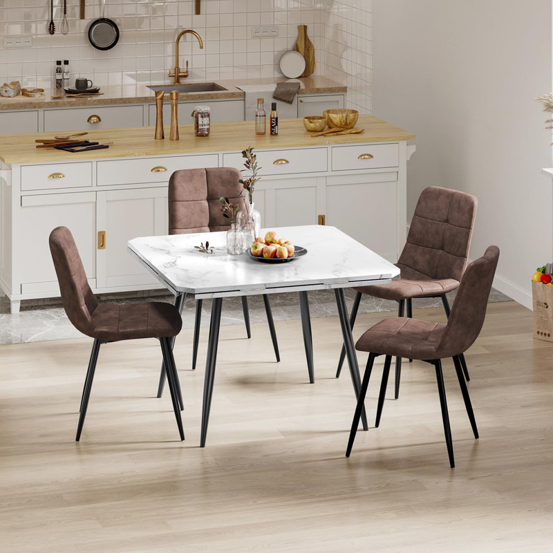 Dining Table And Chairs Set Of 4, Extendable Round Marble Effect Folding Table With Upholstered Tech Fabric Chairs For Dining Room,Kitchen