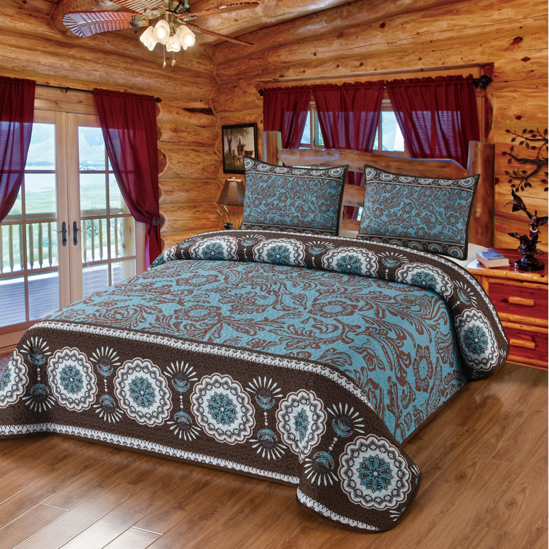 Mcallen Turquoise and Brown Floral Medallion Pattern Boho 3-Piece Decorative Quilt Bedding Set, Queen Quilt + 2 Shams