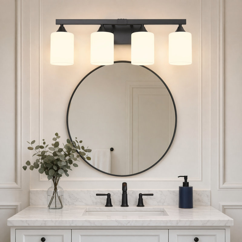 Éclairage pour salle de bain 3 lumières en nickel brossé noir avec abat-jour en verre givré, 4