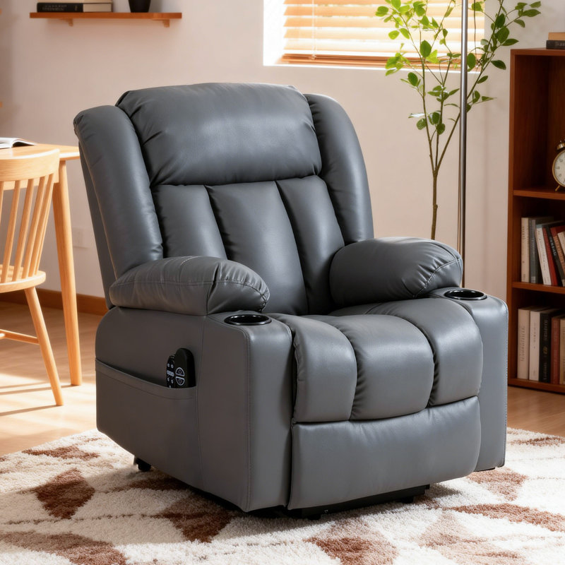 Power Lift Recliner Zero Gravity With Massage Heat Faux Leather Cup Holders Side Pocket and USB Port, Gray, Faux Leather