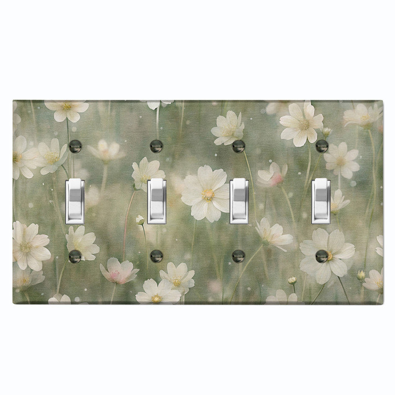 Couvercle de plaque d'interrupteur en métal; Bascule à 4 bandes US standard - Daisy Wildflowers rétro, # 4 Quad bascule
