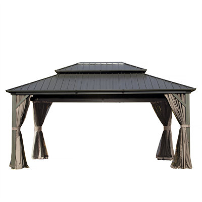 10' X 14' Hardtop Gazebo, Aluminum Metal Gazebo With Galvanized Steel Double Roof Canopy, Curtain And Netting, Permanent Gazebo Pavilion For Patio, Backyard, Deck, Lawn