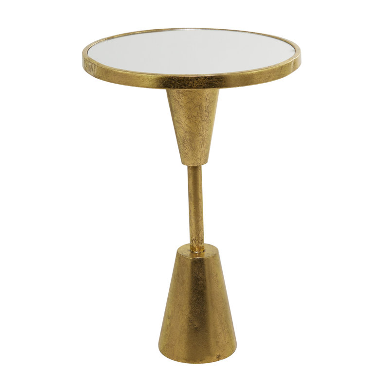 Metal Pedestal Base Side End Accent Table with Mirrored Glass Top, White Top/Gold Base