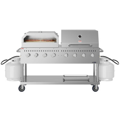 Barbecue au propane extérieur commercial de 60 po à 8 brûleurs avec couvercle en forme de dôme en rouleau de 30 po et four à pizza de 30 po en acier inoxydable, homologué ETL (CGKIT6-D30P30)
