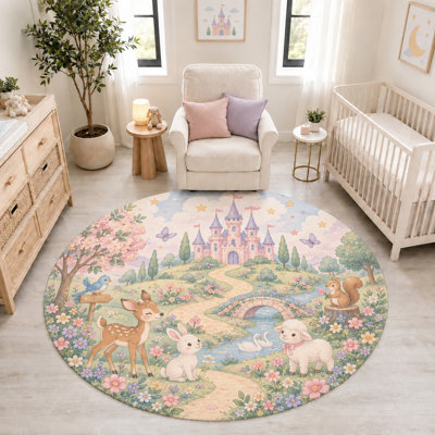 "Ultra Thin" 6' x 6' Woodland Animals Castle Round Area Rug, Soft Low Pile Indoor Rug with Non-Slip Silicone Backing for Nursery, Kids Room, Bedroom, Playroom Decor