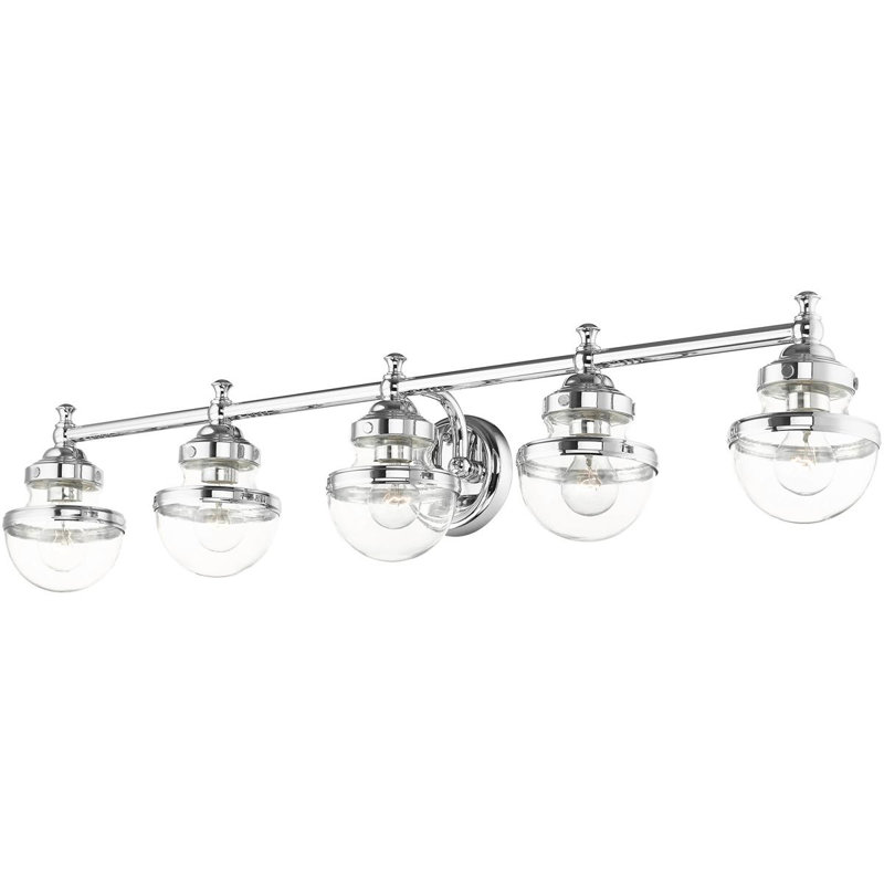 Superbe luminaire de meuble-lavabo de 42 po avec abat-jour en verre soufflé à la main - 5 lumières., Transparent, Chrome poli