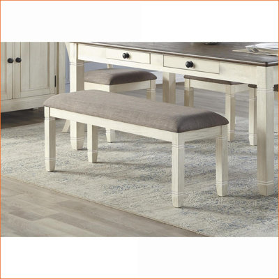 Dining Bench 48-Inch American Country Solid Wood Light Grey Fabric Seat Antique White Finish | Dining Kitchen | Antique White | Fabric