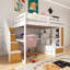 Lit mezzanine double avec bureau et tablettes, deux tiroirs intégrés, escalier de rangement-390254389