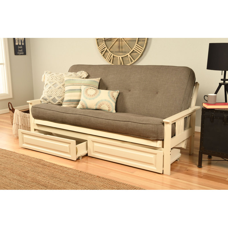 Le cadre de futon double Stratford comprend des tiroirs de rangement et un matelas, Blanc antique, Lin pierre, Innerspring