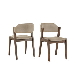 Skovde Modern Scandinavian Wood Finish Dining Chair - Beige Fabric, Walnut Veneer (Set of 2)
