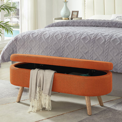 Banc de rangement avec repose-pieds ovale de luxe avec pieds en bois, capacité de poids de 350 lb et charnière de sécurité, pour le salon, le vestibule de la chambre à coucher, orange