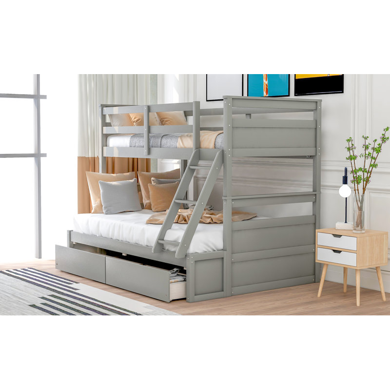 Lit simple superposé au dessus d'un lit double avec rangement - Gris