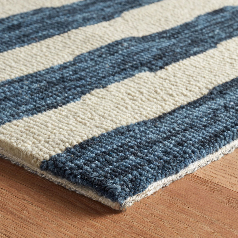 Silas Stripe Navy Hand Micro Hooked Wool Rug, Rectangle 5' x 8'
