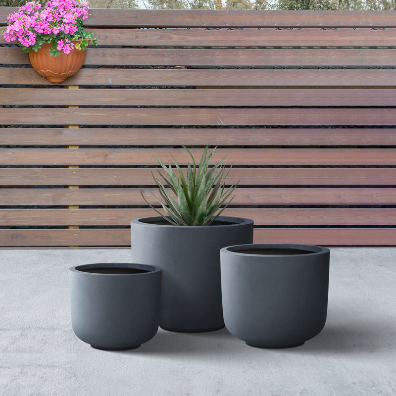 Tali 3 Piece 13.19 in, 11.02 in and 9.06 in L Round Lightweight Concrete and Fiberglass Indoor Outdoor Weather Resistant Planters with Drainage Holes Set