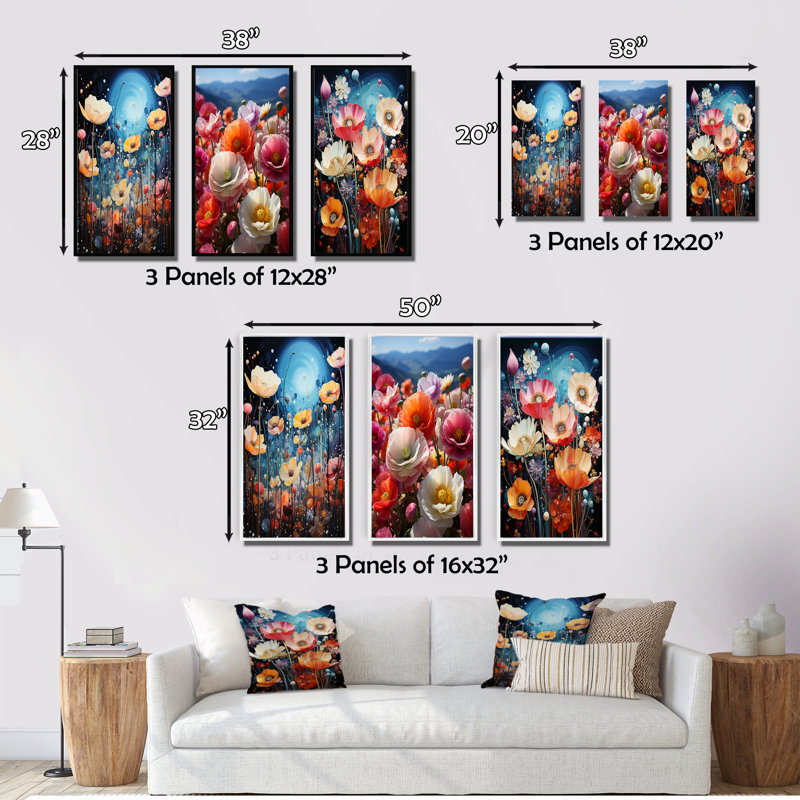«Fleurs bleues jaunes et fleurs enchantées», 3 pièces sur toile, H 28 po x l 36 po, Toile tendue