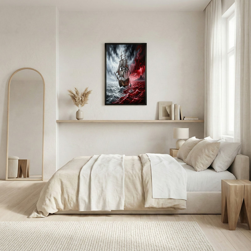 Art mural sur toile, voilier rouge et gris, H 32 po x l 48 po
