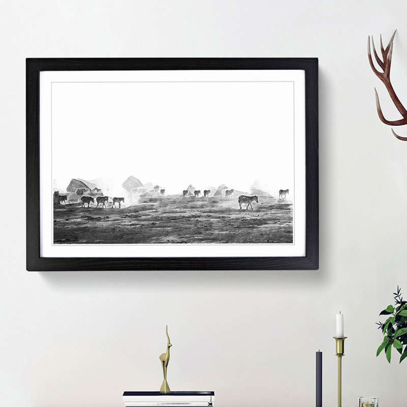 Zebras Roaming in Kenya in Abstract - Picture Frame Painting Print on MDF, Black Framed, 62cm H x 87cm W x 2cm D