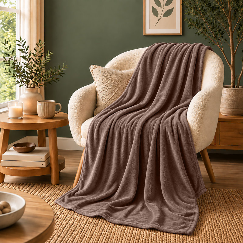 Ultra-Soft Hotel Quality Reversible Plain Weave Fleece Throw Blanket, SINGLE, COFFEE