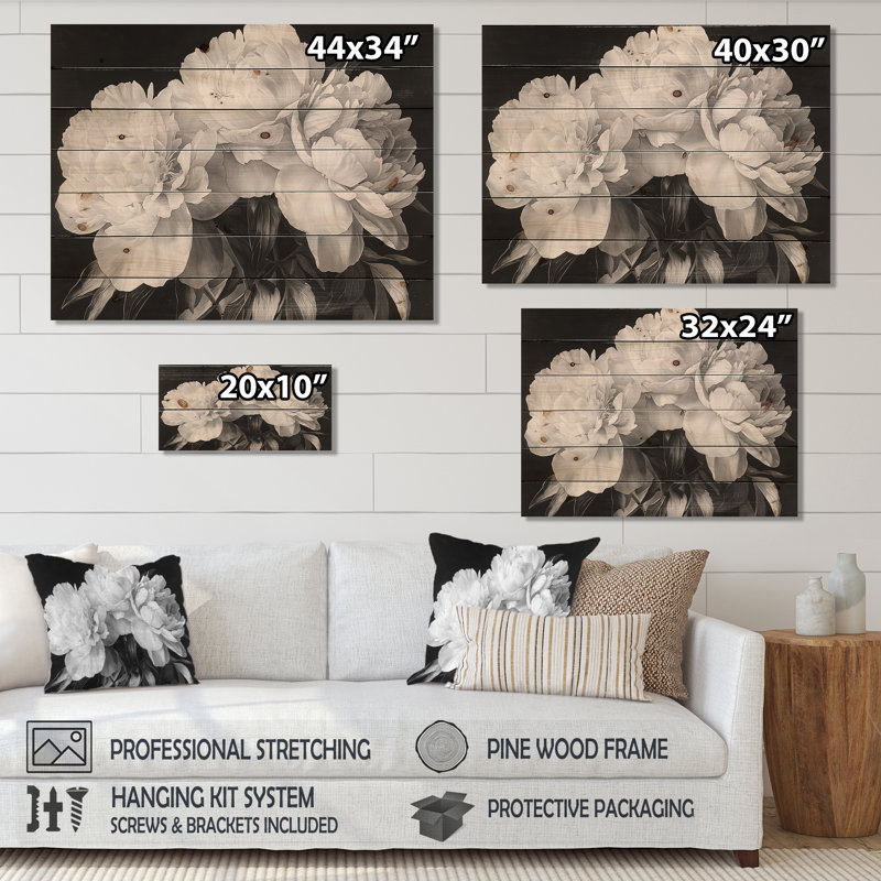 Pivoines en blanc et noir - Décoration murale en bois de pivoines - sur bois de pin naturel, H 10 po x l 20 po
