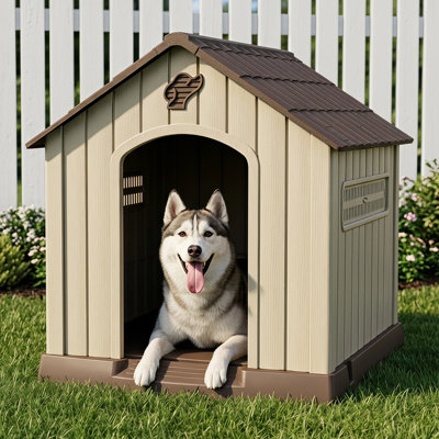 Niche pour chien d'extérieur en plastique pour petits chiens de taille moyenne, abri pour animaux résistant aux intempéries avec évents réglables et plancher surélevé pour patio et cour arrière