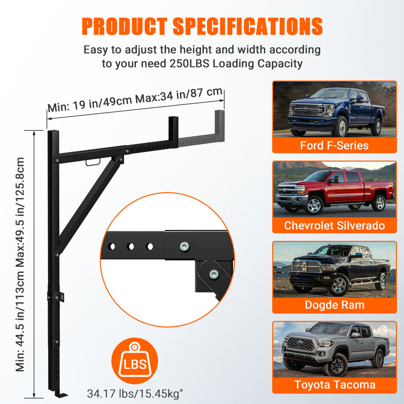 Porte-échelle pour camions et remorques – Hauteur réglable de 113 à 126 cm, extensible, capacité de 113 kg, en acier, robuste, pour kayak, planche de surf, bois, échelle