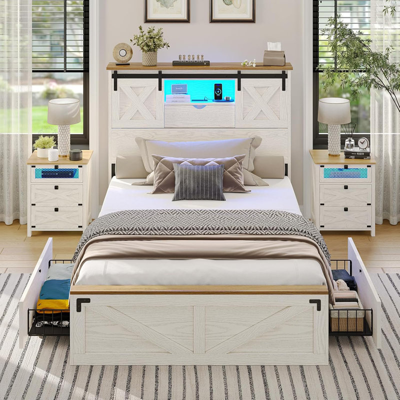 Farmhouse Twin Xl Size Bed Frame With 2 Storage Drawers, Wooden Platform Twin Xl Bed With Led Lights And Charging Station, Rustic Headboard With Sliding Barn Door Storage Cabinets