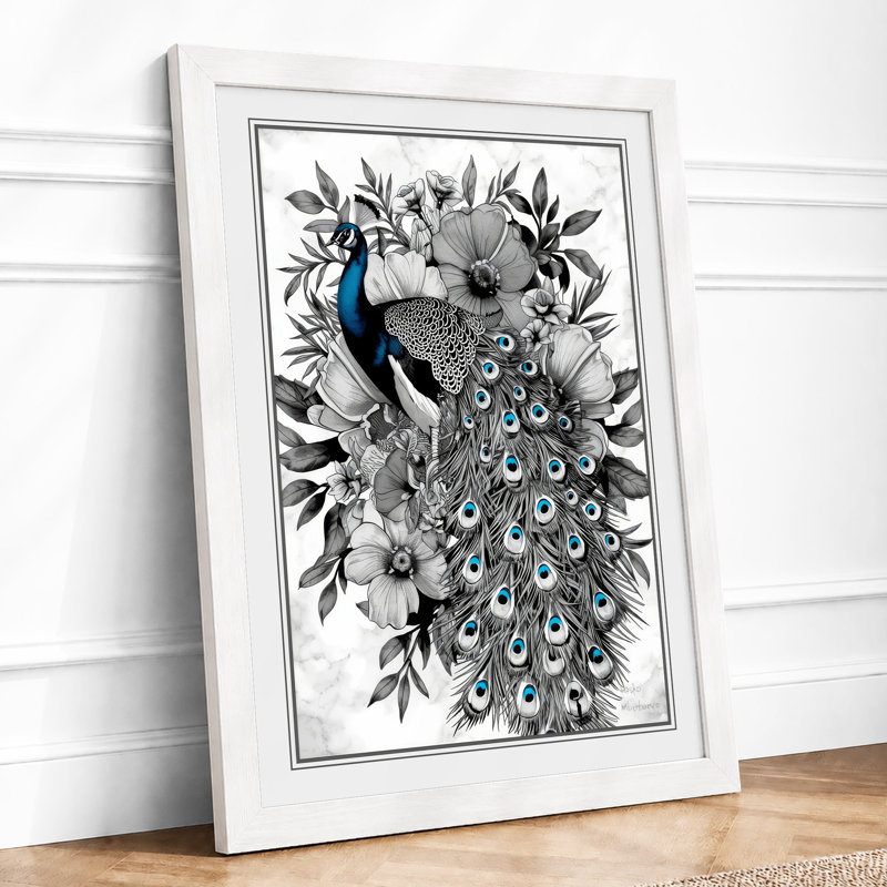 Ornamental Peacock Study Botanical - Framed Print, A1 - 84.1 x 59.4 cm, White