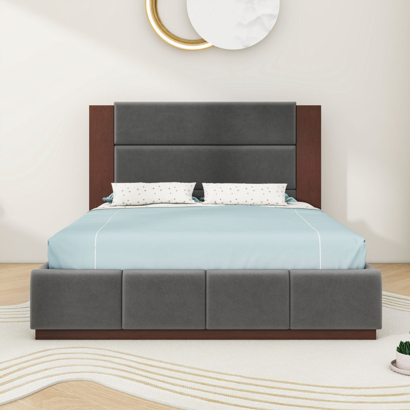Lit plateforme tapissier avec tête de lit et pieds centraux, Gris, Grand lit
