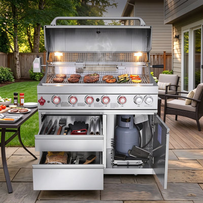 Bar de cuisine extérieure de luxe en acier inoxydable avec 6 brûleurs et 85 000 BTU, îlot de barbecue résistant à la rouille, ensemble de rôtisserie, deux tiroirs à outils, armoire pour bouteille de propane et roulettes.