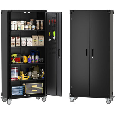 Heavy Duty 72" Steel Storage Cabinet, 4 Adjustable Shelves, with Lockable Wheels