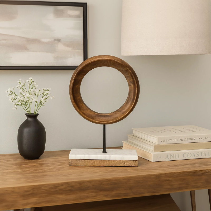 Modern Mango Wood Ring Tabletop Sculpture with Black Iron Stem and Marble Base Decorative Accent Decor