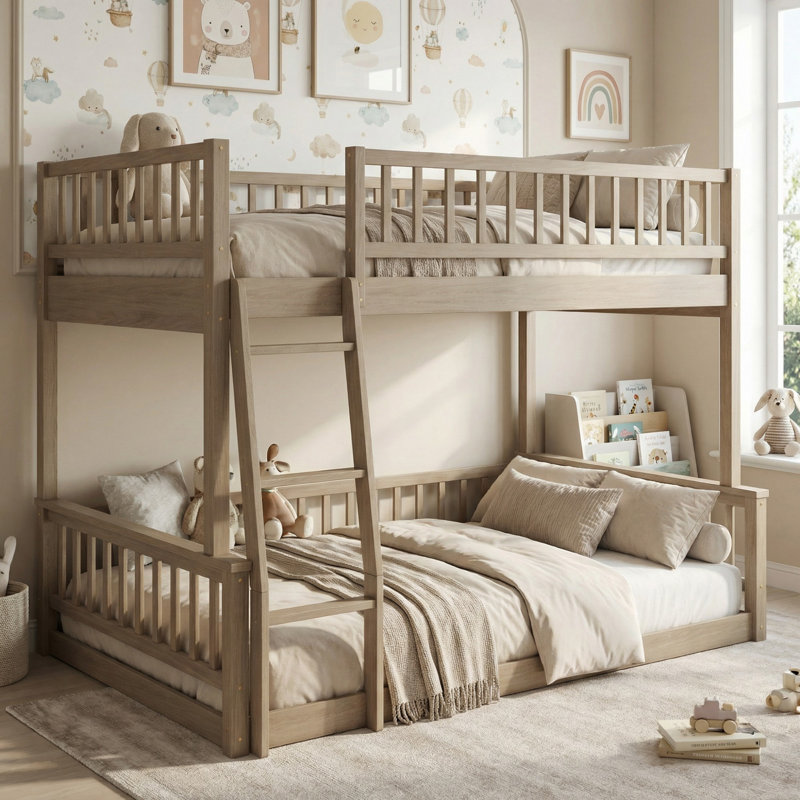 Lit superposé double au-dessus de grand lit en bois massif avec échelle et garde-corps pour chambre à coucher, Noyer
