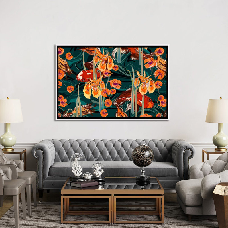 Koi Pond Orange Tones - Framed Wall Art Print, 40" H x 60" W, Framed Print without Mat, White